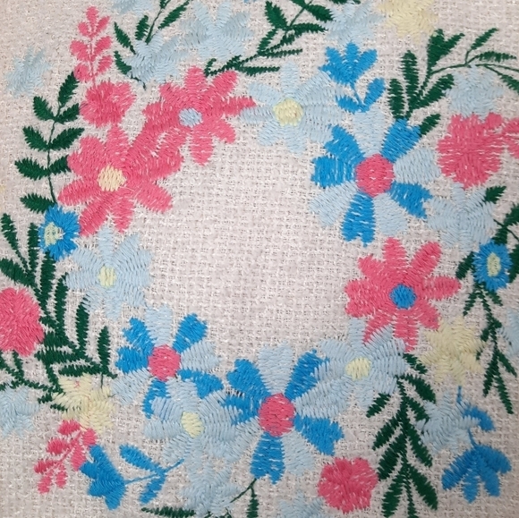 Cottagecore Accent Pillows Floral Wreath Embroidered Cream and Pastel 15 inch - Picture 3 of 4